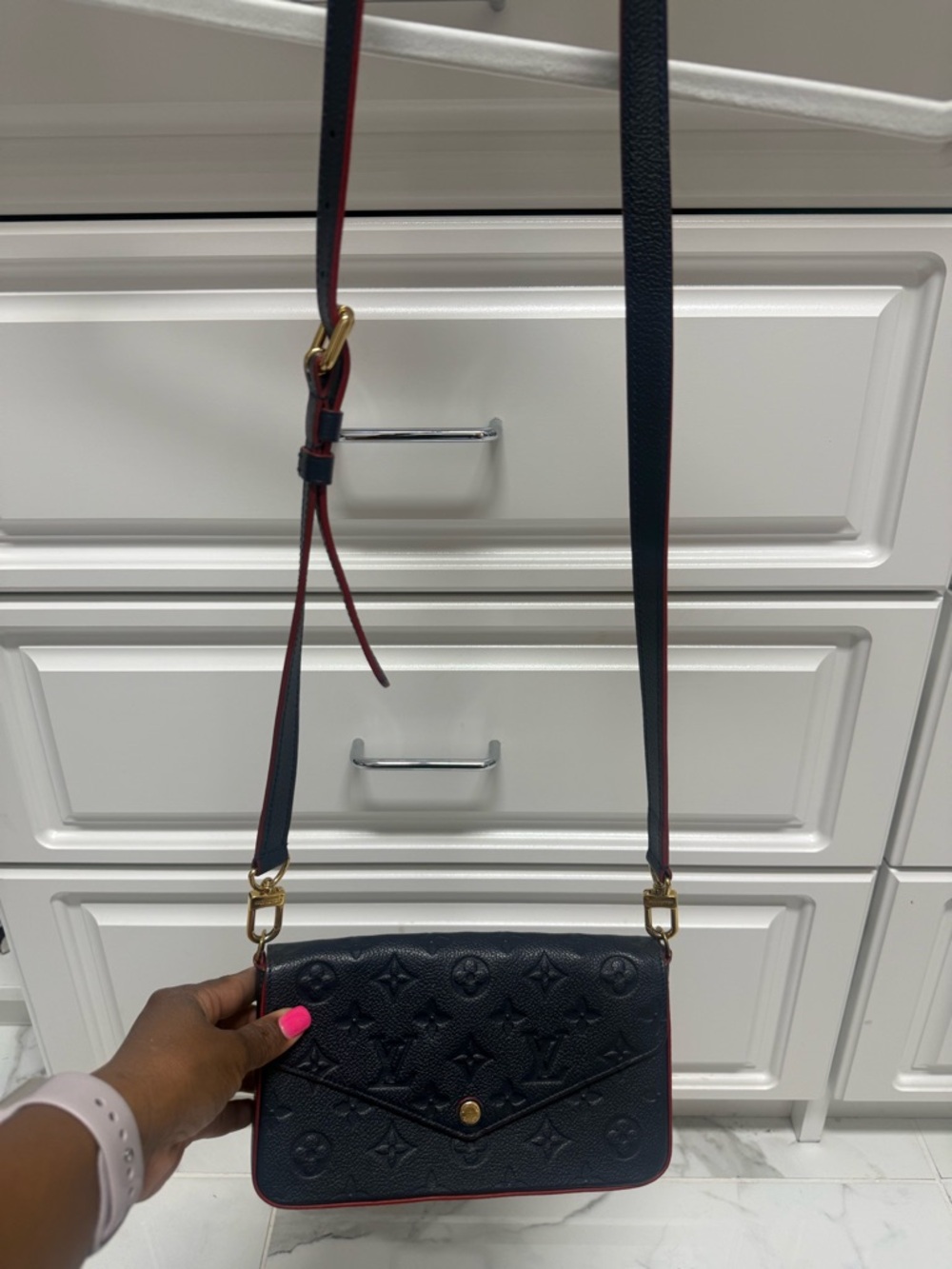 Louis Vuitton Navy Felicie Crossbody with Red Trim and Gold Hardware